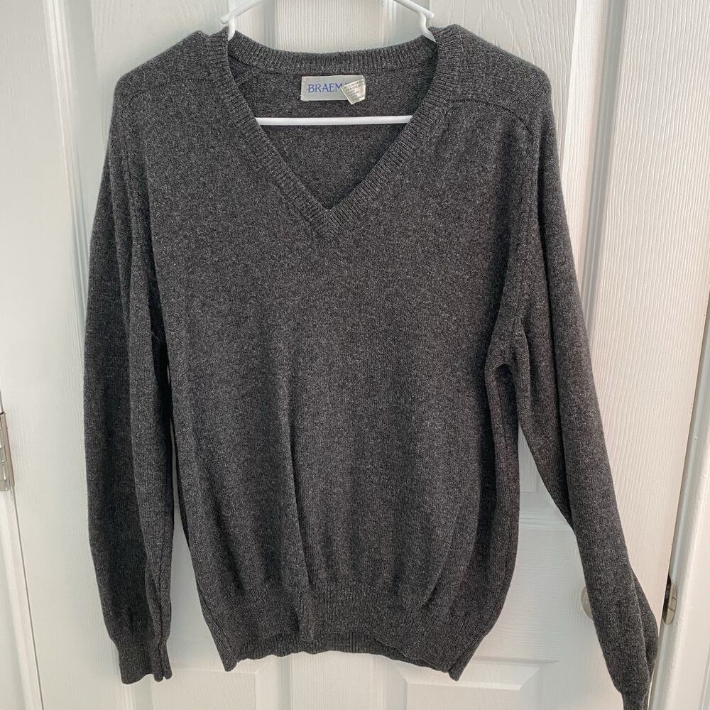 Vtg Braemar Sweater Mens Large Gray Scottish Lambs Wool V Neck Knit Pullover